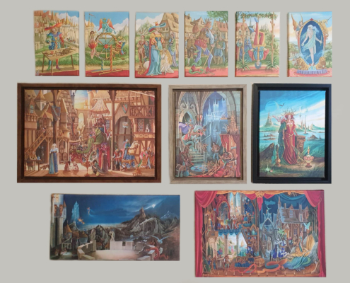 Photo des toiles du tarot de la Marelle format A4 et d'autres toiles de Florence Magnin format A3 et A2