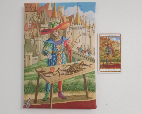 Photo de la toile Le Bateleur format A4 de Florence Magnin et de la carte du tarot de la Marelle
