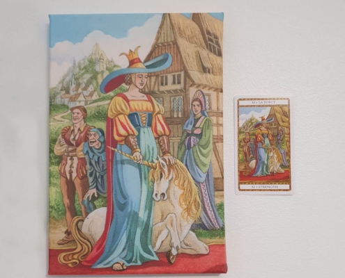 Photo de la toile La Force format A4 de Florence Magnin et de la carte du tarot de la Marelle