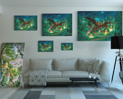 Les 5 différentes tailles de la toile Dragon Nocturne de Florence Magnin