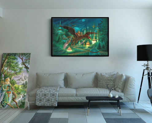 Toile Dragon Nocturne de Florence Magnin au format XXL (A0) avec cadre noir