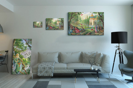 Présentation des 3 tailles disponibles pour la toile Partie Champêtre de Florence Magnin