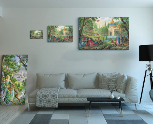Présentation des 3 tailles disponibles pour la toile Partie Champêtre de Florence Magnin