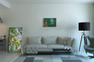 Fin de Fête, reproduction sur toile de Florence Magnin, en format L (A2) avec un cadre chêne