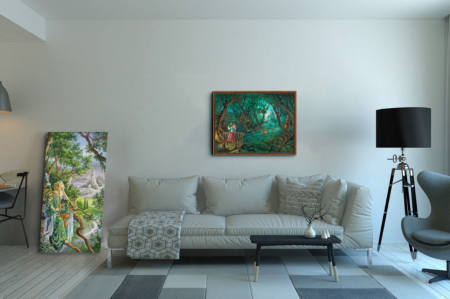 Fin de Fête, reproduction sur toile de Florence Magnin, en format XL avec un cadre noix