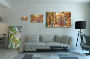 Présentation des 3 tailles disponibles pour la toile L'Auberge de la Sirène de Florence Magnin