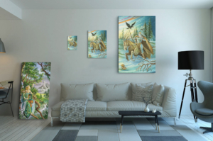 Présentation des 3 tailles disponibles pour la toile Cavalier de Bâtons de Florence Magnin