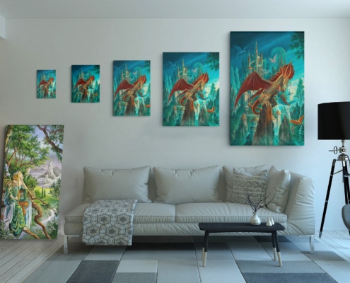 Magnin-Cité des dragons-5 tailles Présentation des 5 tailles de la toile La Cité des dragons de Florence Magnin