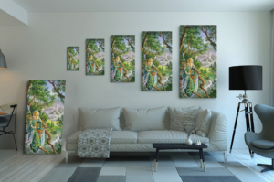 Présentation des 5 tailles disponibles pour la toile La Dame Verte de Florence Magnin