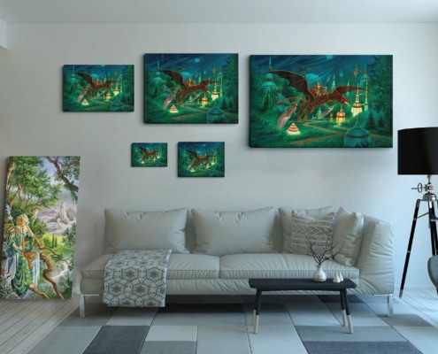 Magnin-Dragon nocturne-5 taillesl Présentation des 5 tailles de la toile Dragon Nocturne de Florence Magnin