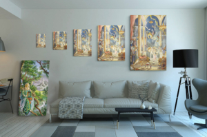 Présentation des 5 tailles disponibles pour la toile La Fête au palais de Florence Magnin