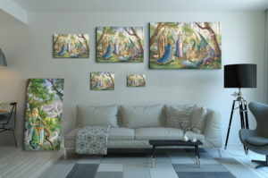 Présentation des 5 tailles de la toile La Naissance du dragon de Florence Magnin