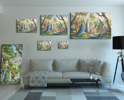 Magnin-La Naissance Dragon contexte-5 tailles Présentation des 5 tailles de la toile La Naissance du dragon de Florence Magnin