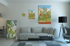 Présentation des 3 tailles disponibles pour la toile La Roue de Fortune de Florence Magnin