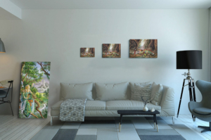 Présentation des 3 tailles de la toile La Mort du dragon de Florence Magnin