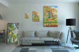 Présentation des 3 tailles disponibles pour la toile Le Bateleur de Florence Magnin