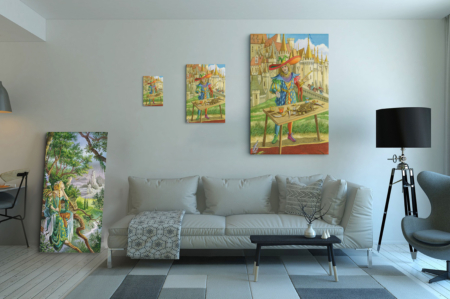 Présentation des 3 tailles disponibles pour la toile Le Bateleur de Florence Magnin