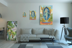 Présentation des 3 tailles disponibles pour la toile Le Monde de Florence Magnin