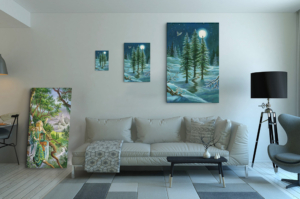 Présentation des 3 tailles disponibles pour la toile Trois de Bâtons de Florence Magnin