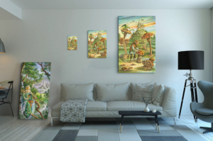 Présentation des 3 tailles disponibles pour la toile Valet de Bâtons de Florence Magnin