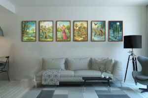 Présentation de toute la série des Bâtons du Labyrinthe en format L (A2) avec cadre noix