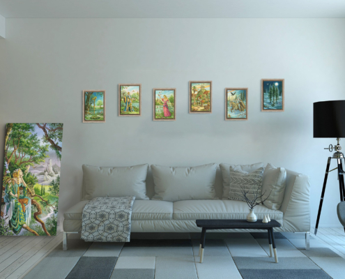 Magnin-Fresque Arcanes Labyrinthe contexte-S-chene Présentation de toute la série des Bâtons du Labyrinthe en format S (A4) avec cadre chêne