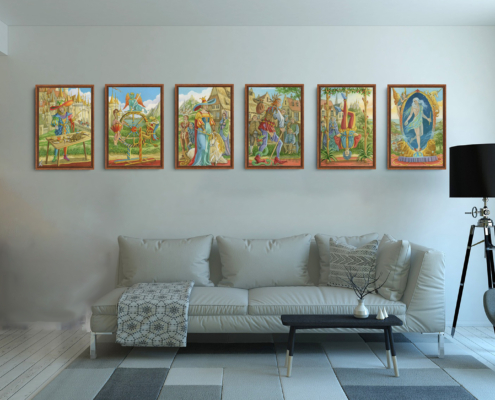 Présentation de la série des Arcanes majeurs en format L (A2) avec cadre noix