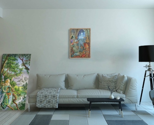 Magnin-Appel Atout contexte-L-chêne Présentation de la toile Appel d'Atout de Florence Magnin format L (A2) avec un cadre chêne (bois clair)