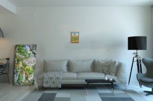 Présentation de la toile La Roue de Fortune format S (A4) avec cadre chêne (bois clair)