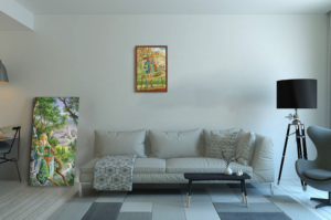 Présentation de la toile Le Bateleur format L (A2) avec cadre noix (bois foncé)