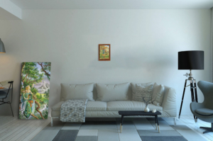 Présentation de la toile Le Bateleur format S (A4) avec cadre noix (bois foncé)