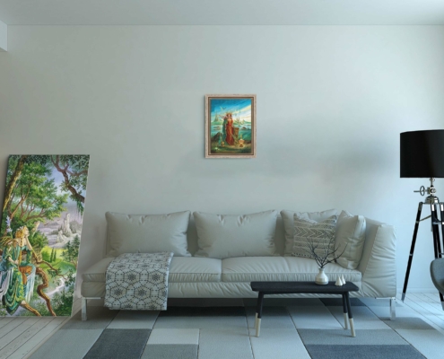 Magnin-Morgane contexte-M-chêne Présentation de la toile Morgane format M (A3) avec un cadre chêne (bois clair)