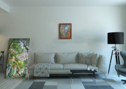 Magnin-Appel Atout contexte-M-noix Présentation de la toile Appel d'Atout de Florence Magnin au format M (A3) avec cadre noix (bois foncé)