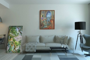 Présentation de la toile Appel d'Atout de Florence Magnin au format XL (A1) avec cadre noix (bois foncé)