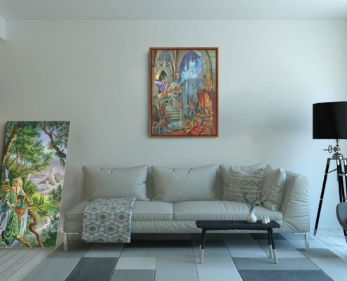 Magnin-Appel Atout contexte-XL-noix Présentation de la toile Appel d'Atout de Florence Magnin au format XL (A1) avec cadre noix (bois foncé)