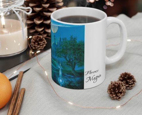 Magnin Mug Pays-lunaire contexte 1 Vue du côté droit du mug Le Pays lunaire de Florence Magnin en contexte