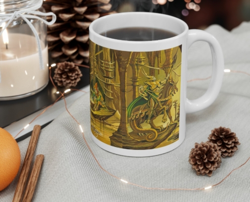 Magnin Mug Epees-Labyrinthe contexte 2 Vue du côté droit du mug Epées du Labyrinthe de Florence Magnin en contexte