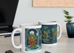 Magnin Mug Deniers-Labyrinthe contexte 1 Vue des deux côtés du mug Deniers du Labyrinthe de Florence Magnin en contexte