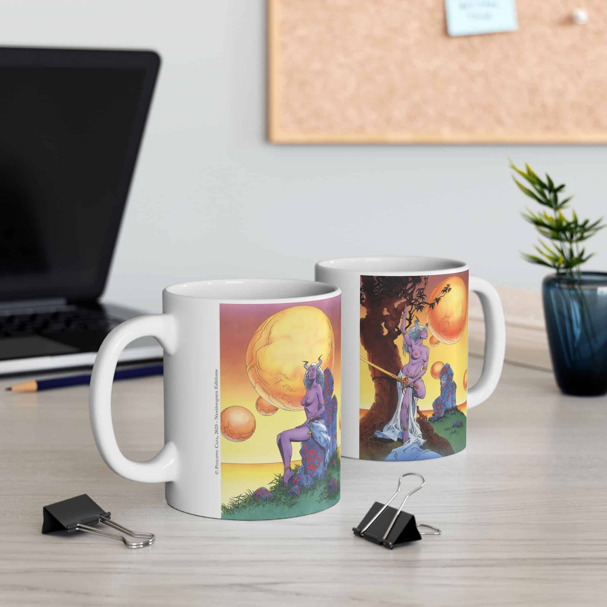 Caza Mug Chimeres Contexte 1 Vue des deux côtés du mug Chimères de Philippe Caza en contexte