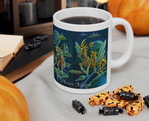 Magnin Mug Deniers-Labyrinthe contexte 2 Vue du côté droit du mug Deniers du Labyrinthe de Florence Magnin en contexte