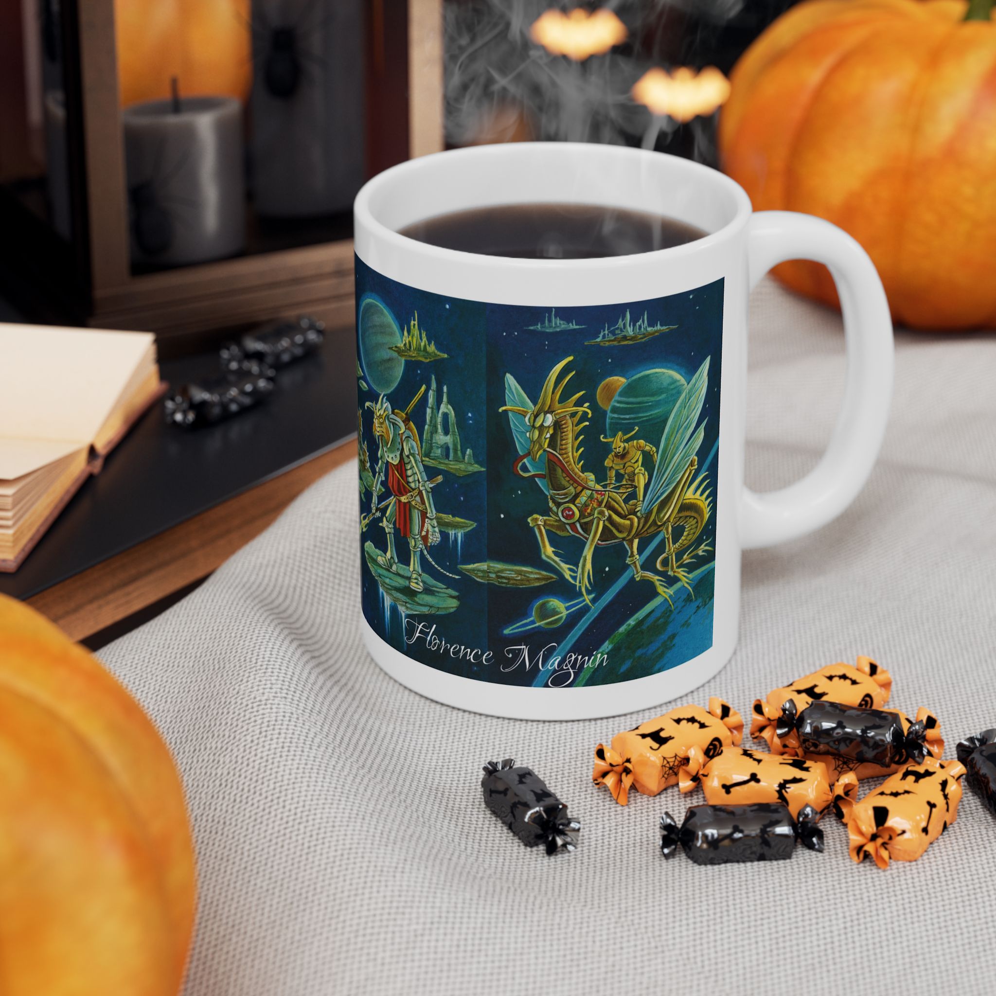 Magnin Mug Deniers-Labyrinthe contexte 2 Vue du côté droit du mug Deniers du Labyrinthe de Florence Magnin en contexte