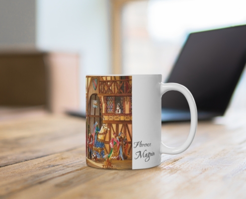 Magnin Mug Auberge-Sirene Contexte 1 Vue du côté droit du mug L'Auberge de la Sirène de Florence Magnin en contexte