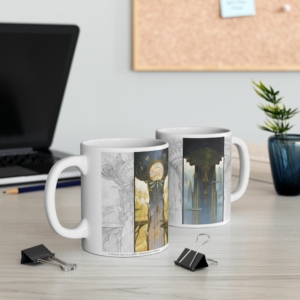 Vue des deux côtés du mug Art Deco-Dragonfly Hall de Didier Graffet en contexte