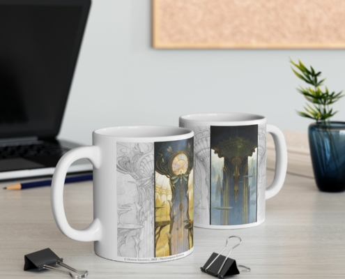 Graffet Mug Dragonfly Contexte Vue des deux côtés du mug Art Deco-Dragonfly Hall de Didier Graffet en contexte