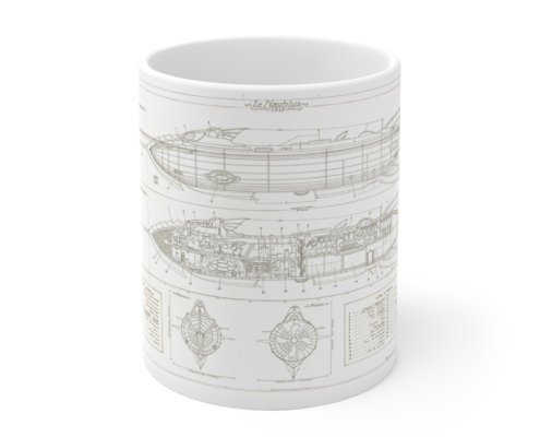Graffet Mug Plan Nautilus-Face Devant du mug Jules Verne-Plan du Nautilus de Didier Graffet
